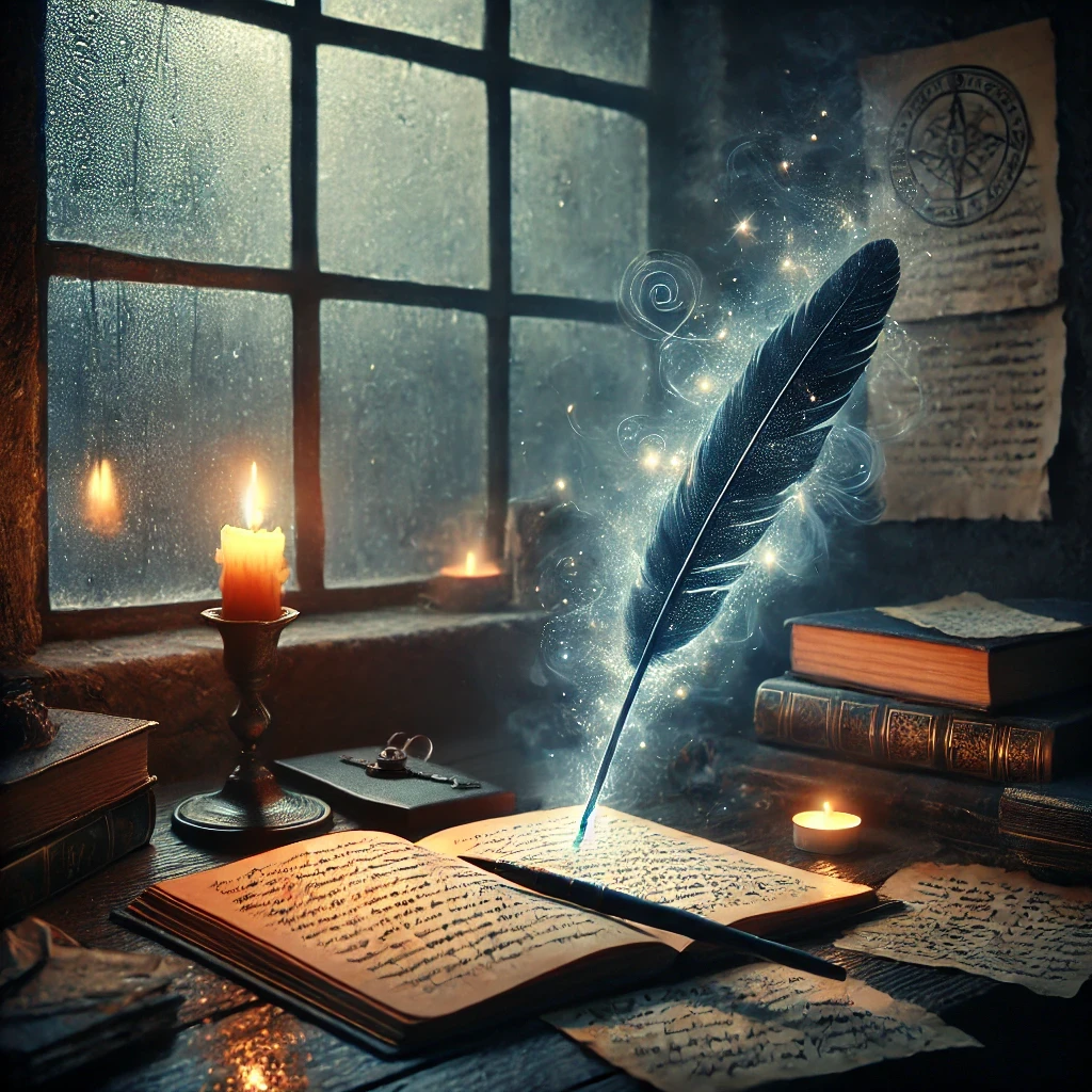 Enchanted quill with glowing magical aura on a writer’s desk representing dark fantasy writing journey